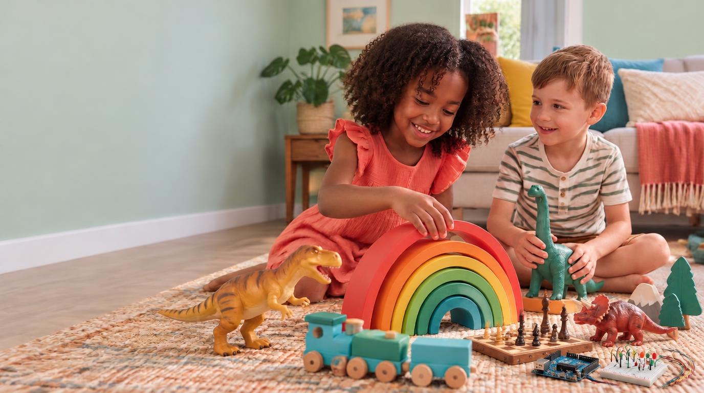 Children enjoying colourful stacking arches, dinosaur toys and a toy train